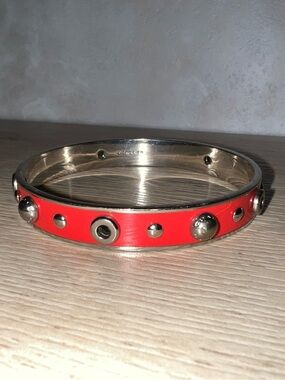 Coach Coral Red Enamel Studded Slip-On Bangle Bracelet Silver Tone